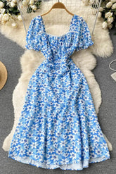 Blumenkleid Spitze Quadratischer Kragen Knöpfe Korsett Hohe Taille Print Kleid
